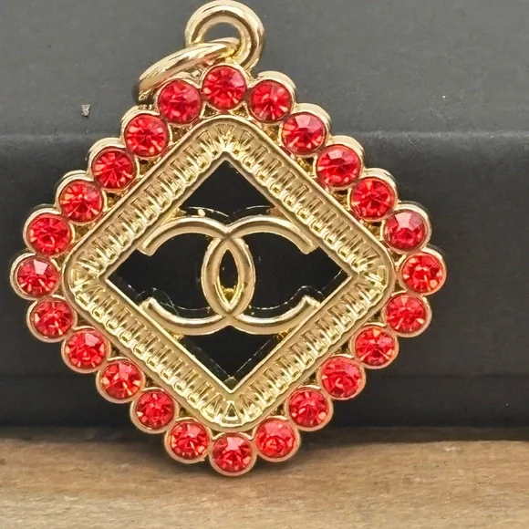 Upcycled CC Chanel Gold & Red Rhinestone Charm, Zipper Pull, Necklace 16 in. - Picture 2 of 7